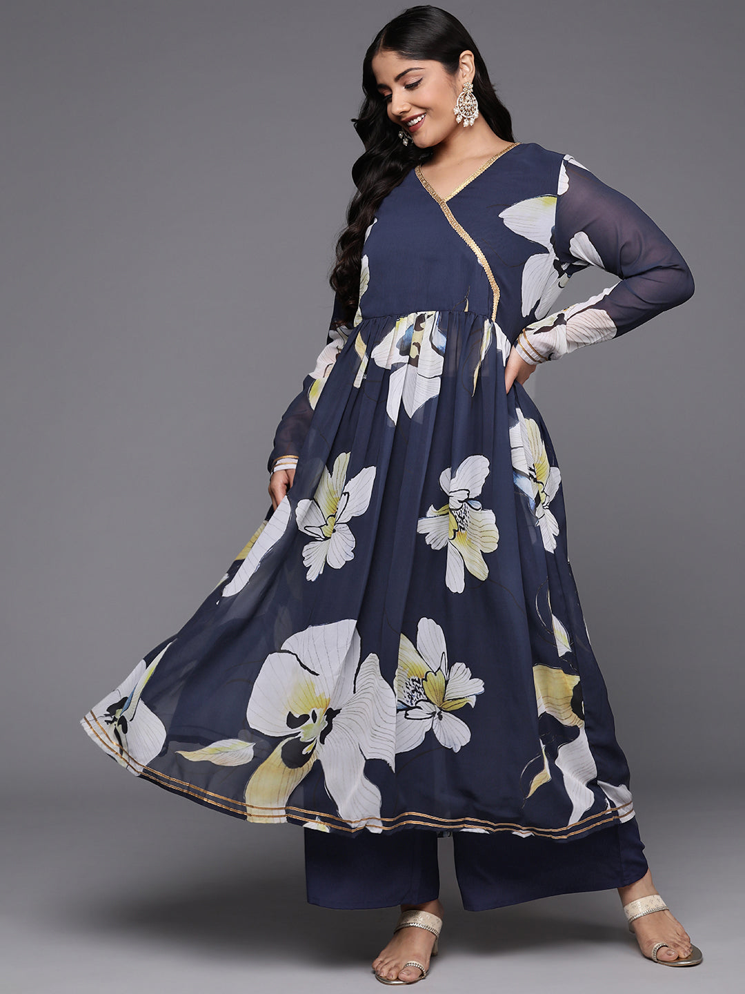 Plus Size Floral Printed Zari Angrakha Kurta with Palazzos