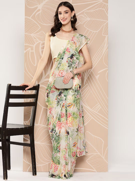 White & Green Floral Printed Poly Chiffon Saree