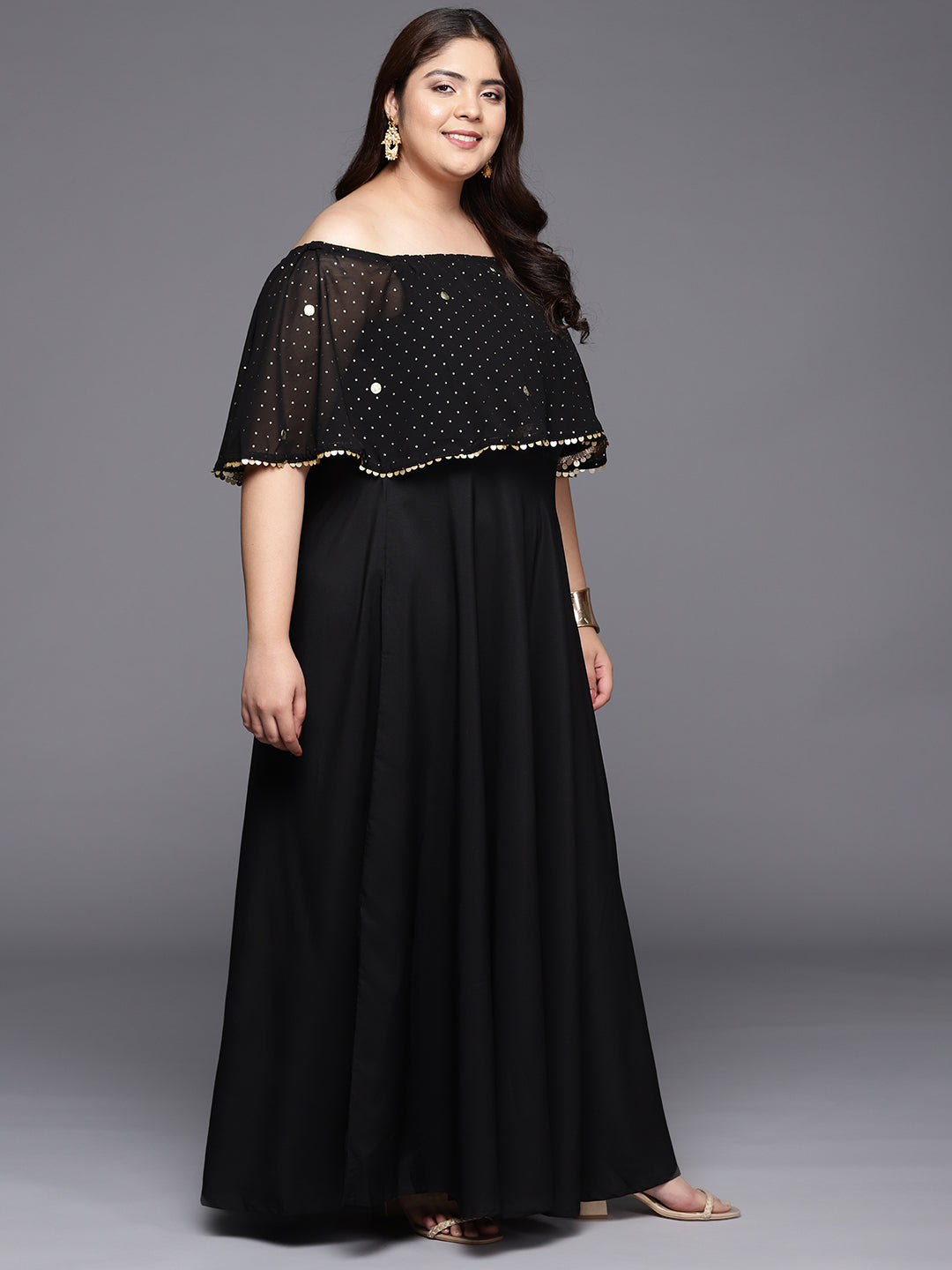 Black & Gold Plus Size Off-Shoulder Maxi Ethnic Dress