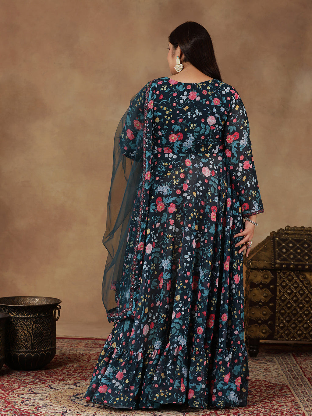 Plus Size Floral Printed Long Sleeves Georgette Anarkali Kurta With Dupatta - ID