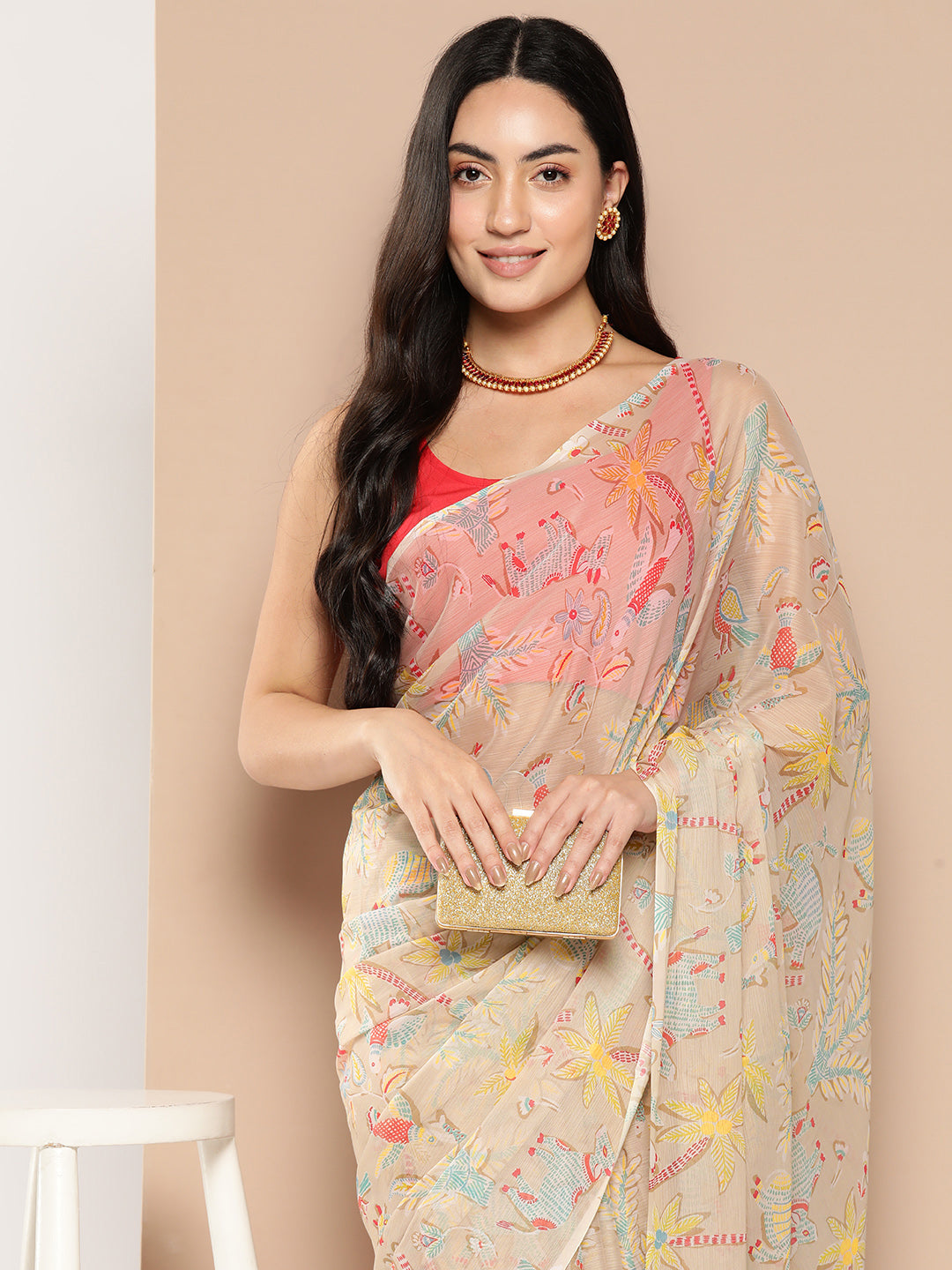 Beige Floral Printed Poly Chiffon Saree