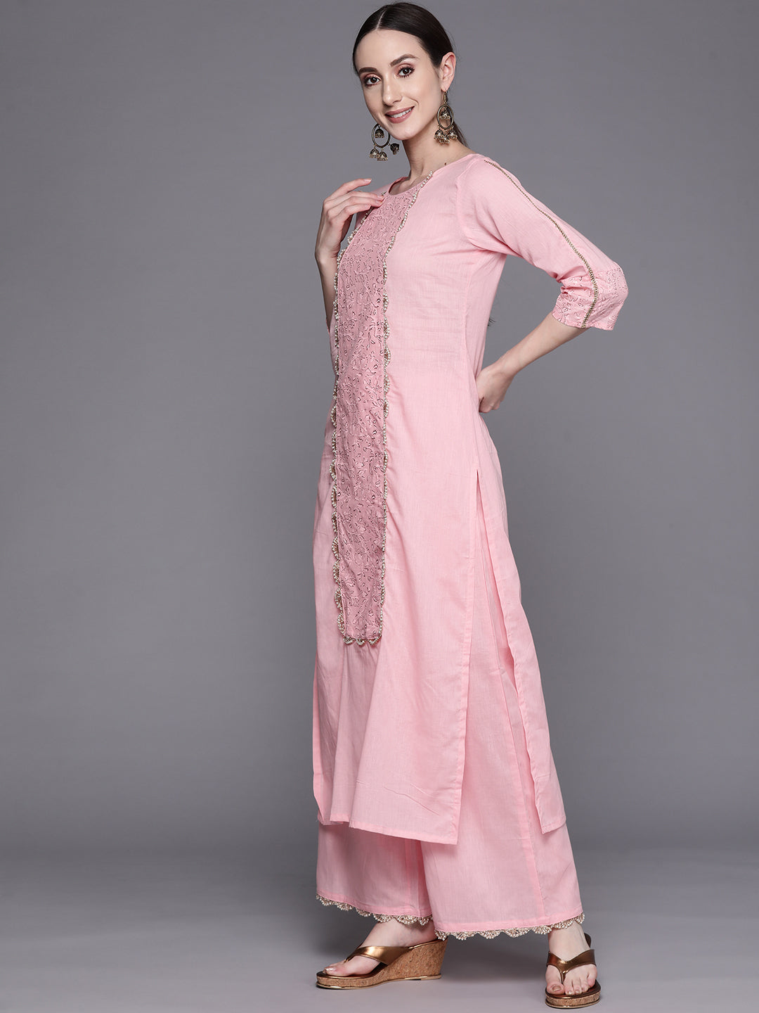 Baby Pink Pure Cotton Printed Kurta Palazzo Set