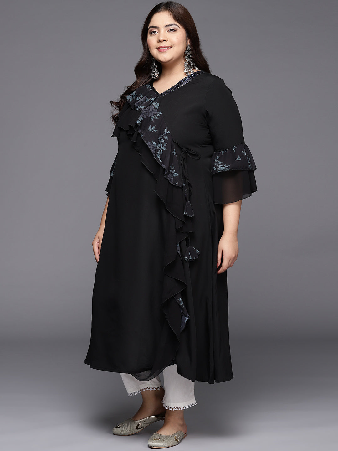 Black Floral Printed Plus Size Kurta