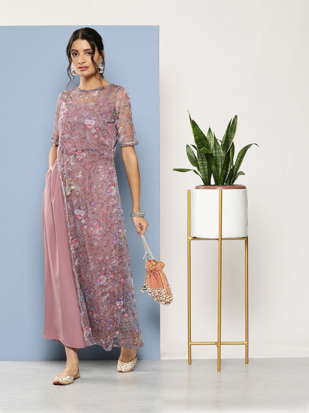 Mauve Floral Printed Waist Tie-Ups Jumpsuit