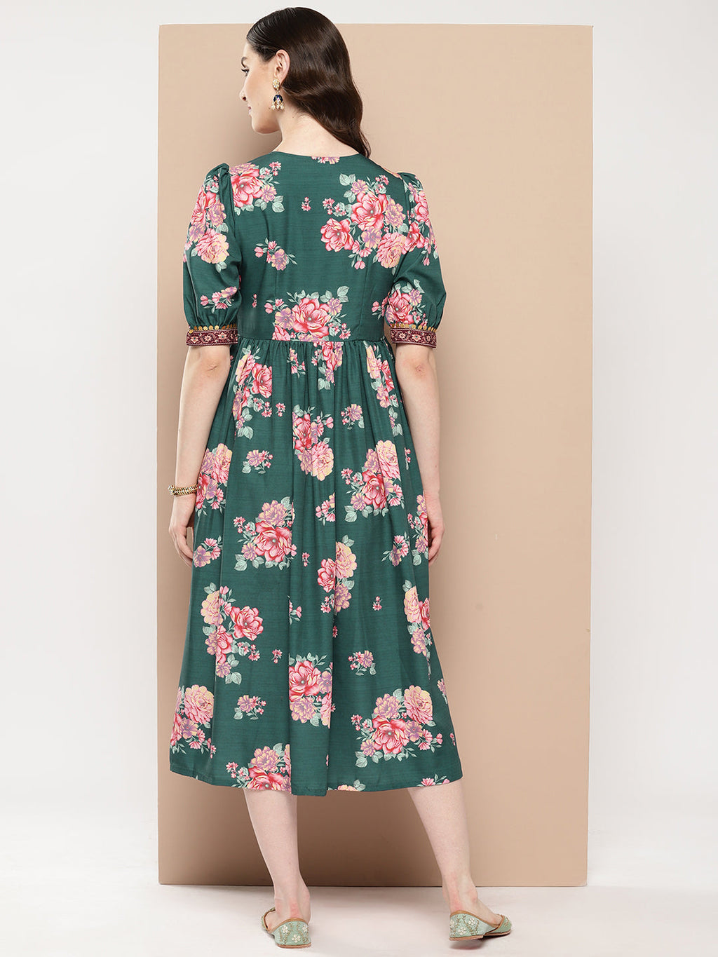 Green Floral Printed Empire Ethnic Dress-AH
