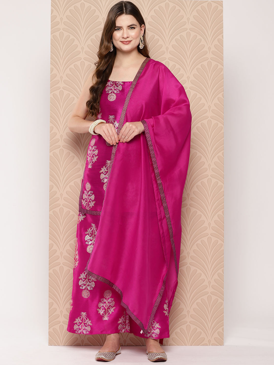 Pink Printed Kurti with Palazzos & With Dupatta