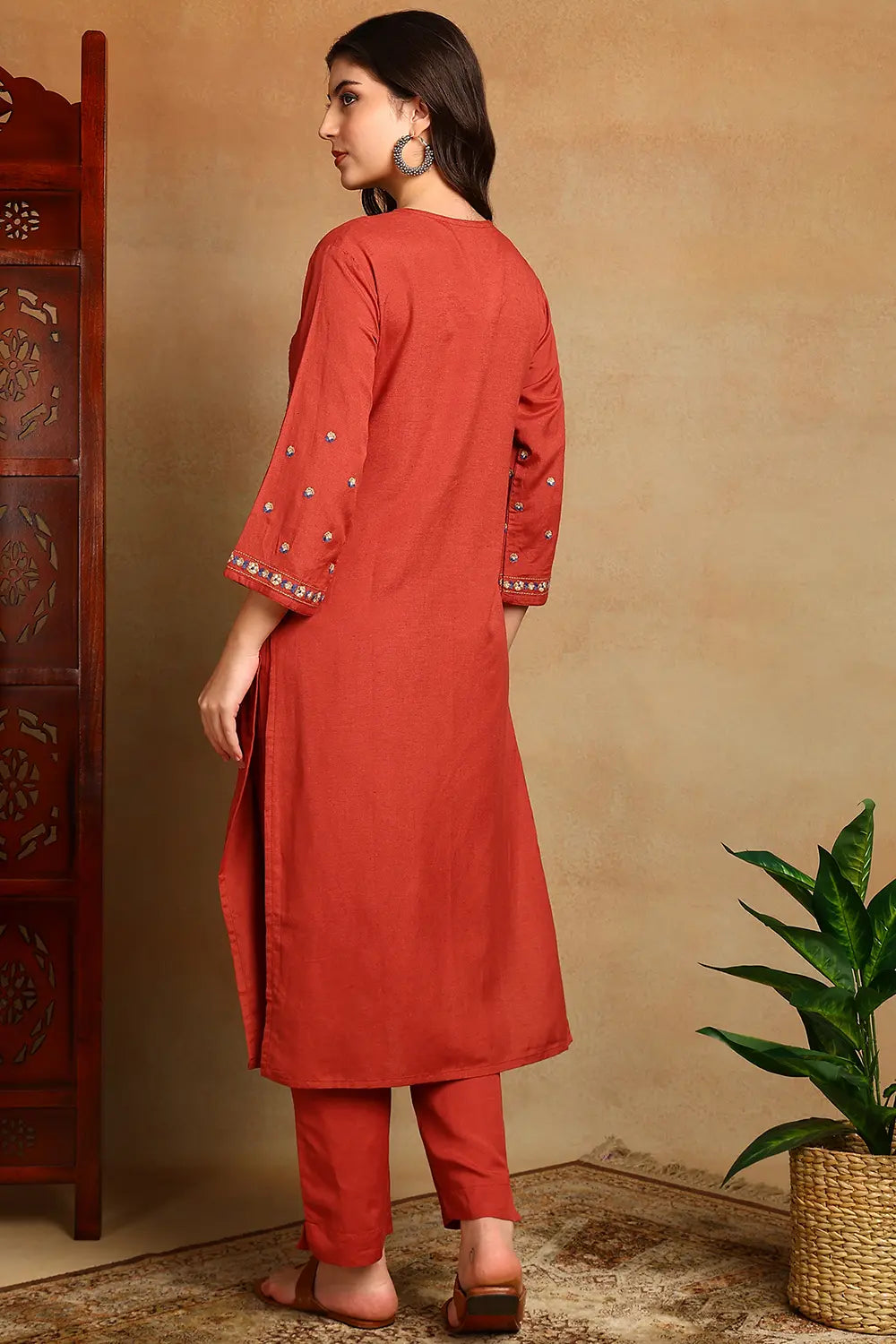 Rust Embroidered Flax Linen Kurta