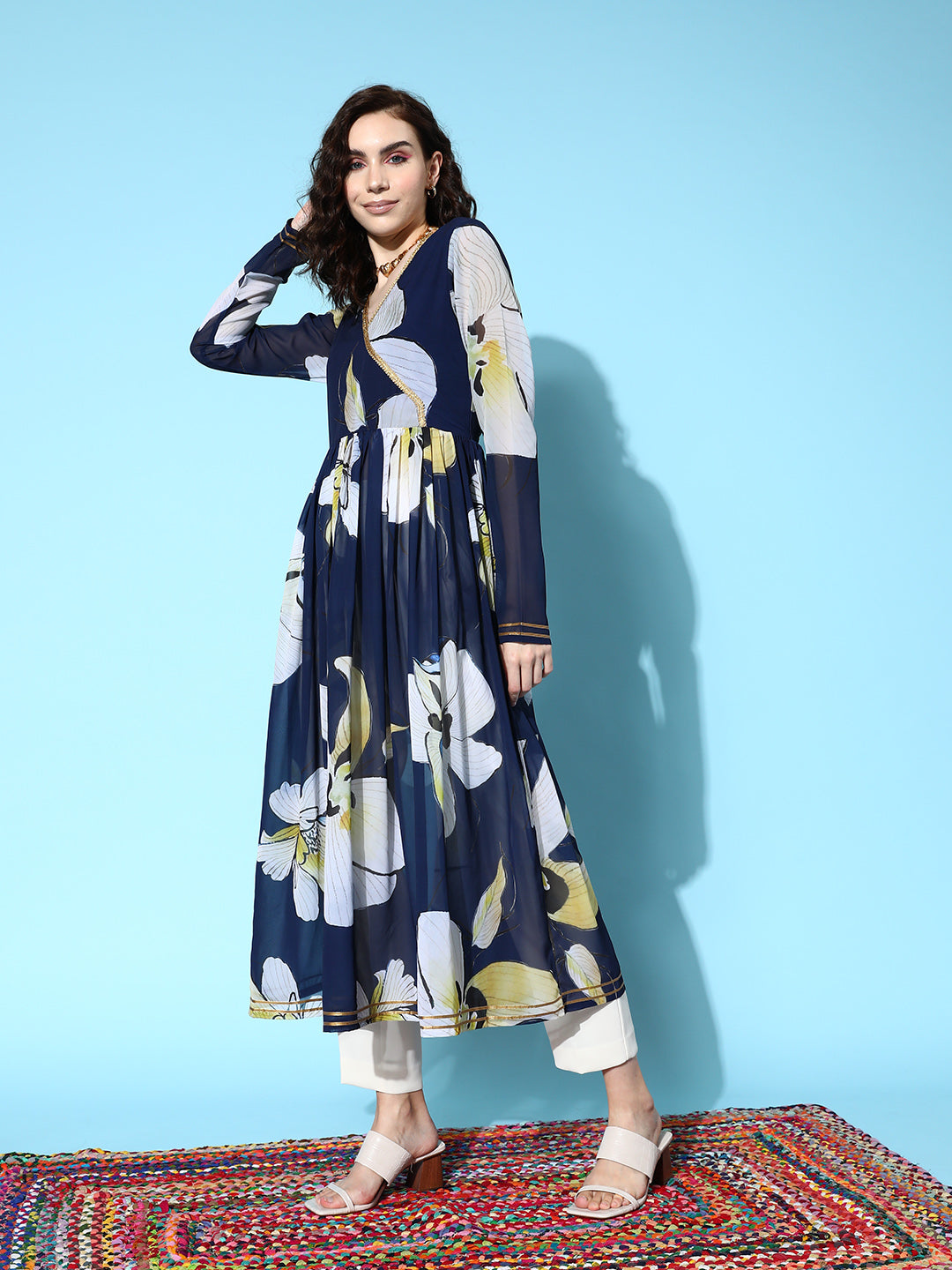 Navy Blue Floral Printed Gotta Patti Georgette Kurta