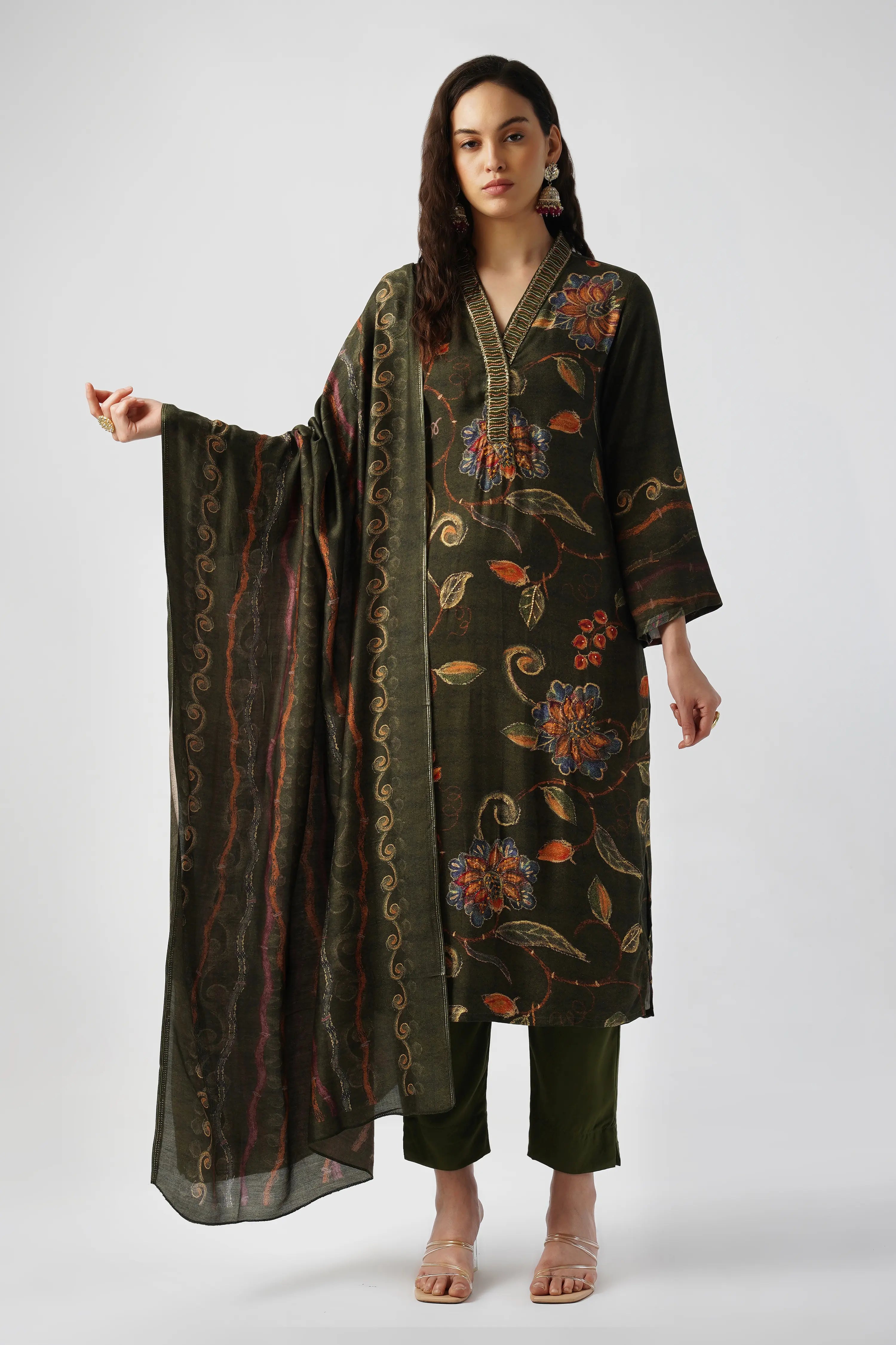 Forest Green Pure Pashmina Wool Designer Kurta Set with Embroidery