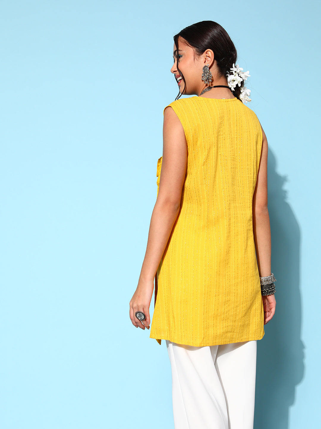 Mustard Yellow Pure Cotton Fluid Tie-Up Tunic