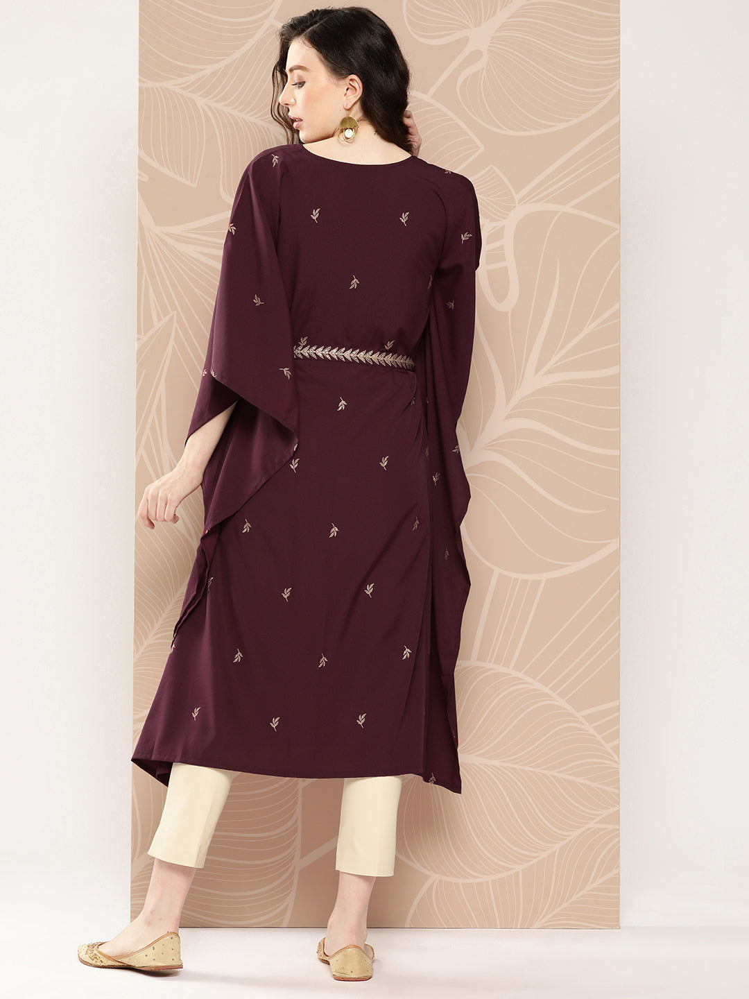 Burgundy Floral Printed Belted Detail Kaftan Kurta