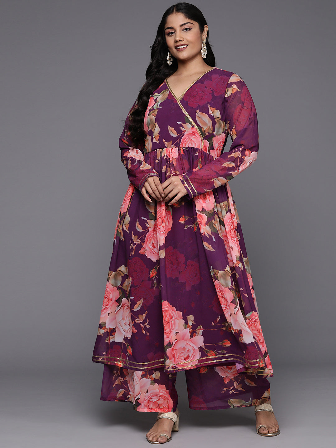 Plus Size Floral Printed Angrakha Zari Kurta with Palazzos