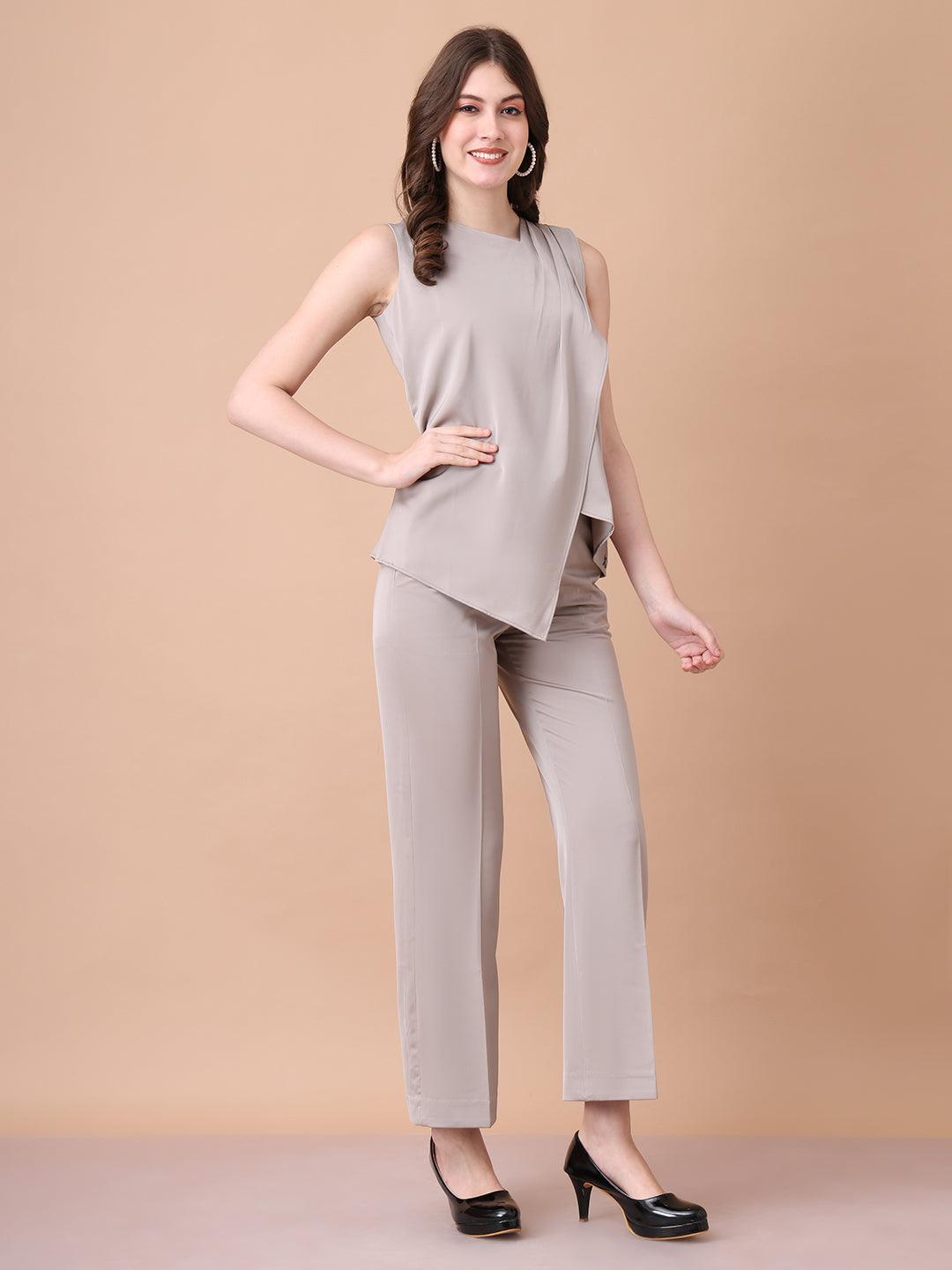 Exude Unbreakable Soft Matt Satin Overlay Sleeveless Top Paired With Straight Fit Trousers