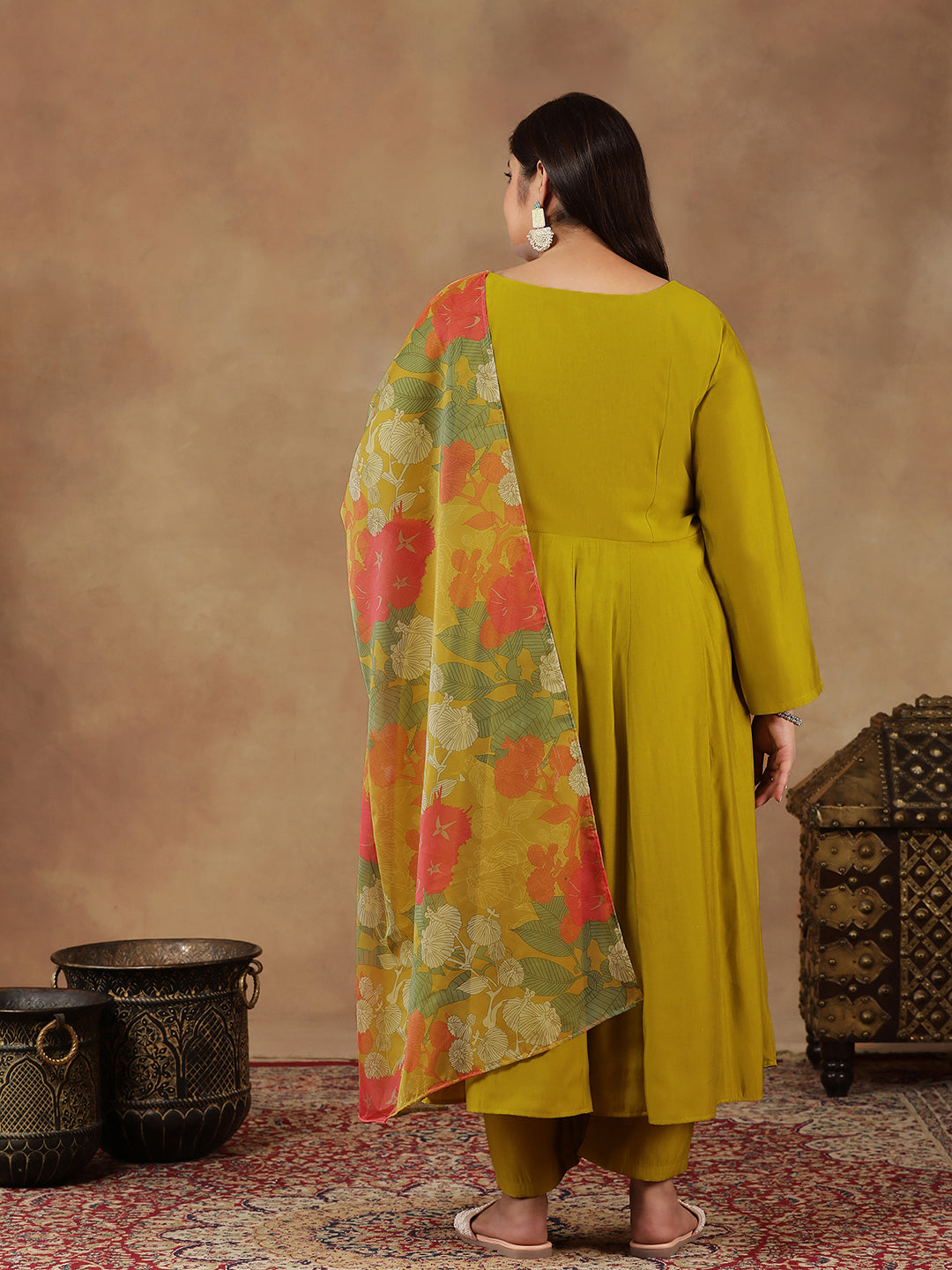 Round Neck Empire Anarkali Kurta With Trousers & Dupatta - ID