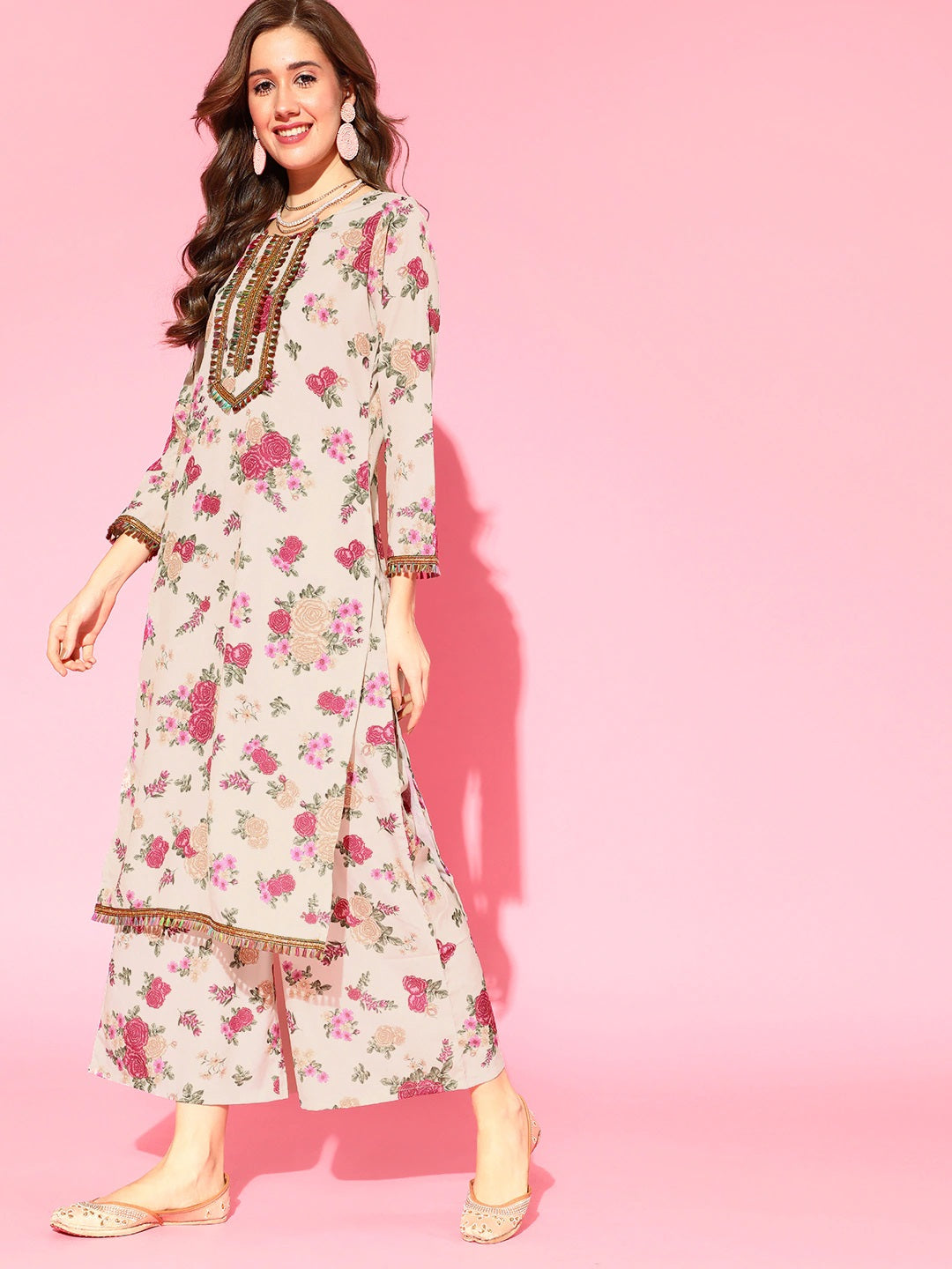 Beige Floral Printed Regular Gotta Patti Kurta with Palazzos & With Dupatta