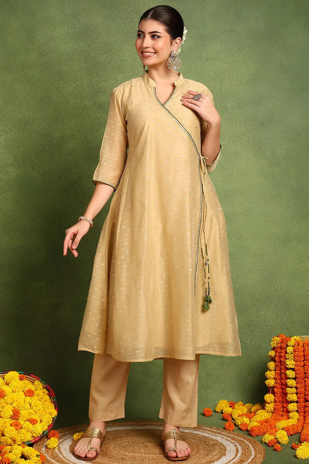 Beige Khari Printed Chanderi Silk Angrakha Kurta