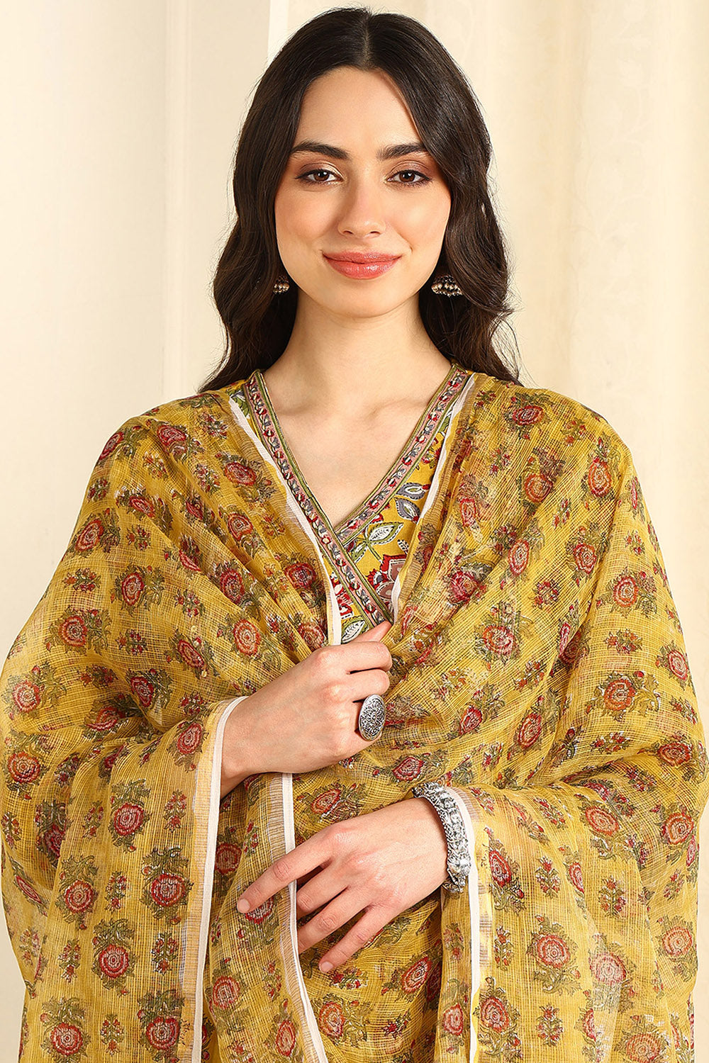 Mustard Yellow/Maroon Kota Doria Dupatta