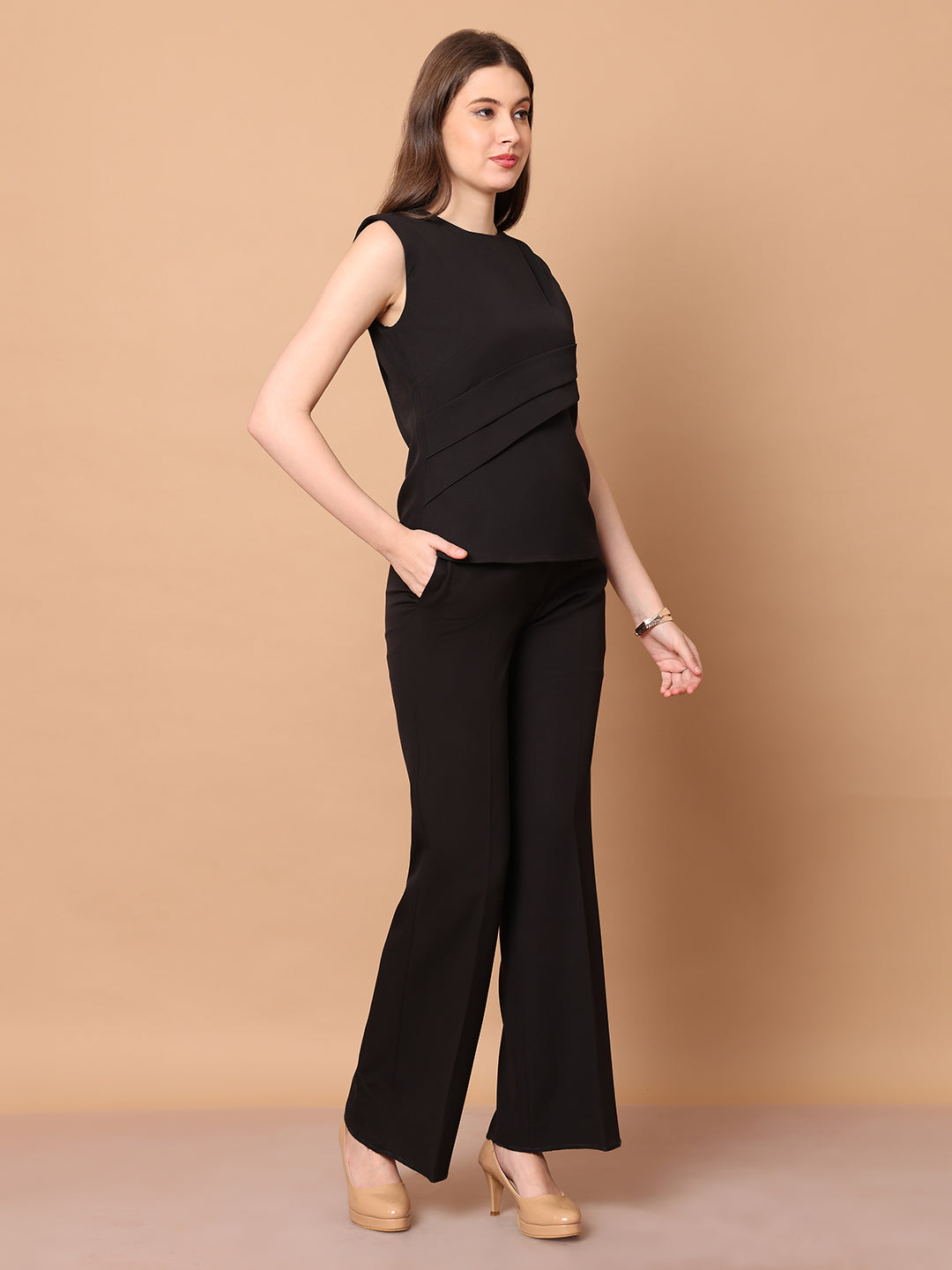 Exude Power in Motion Side and Shoulder Pleat Top Paired with Bootcut Trousers