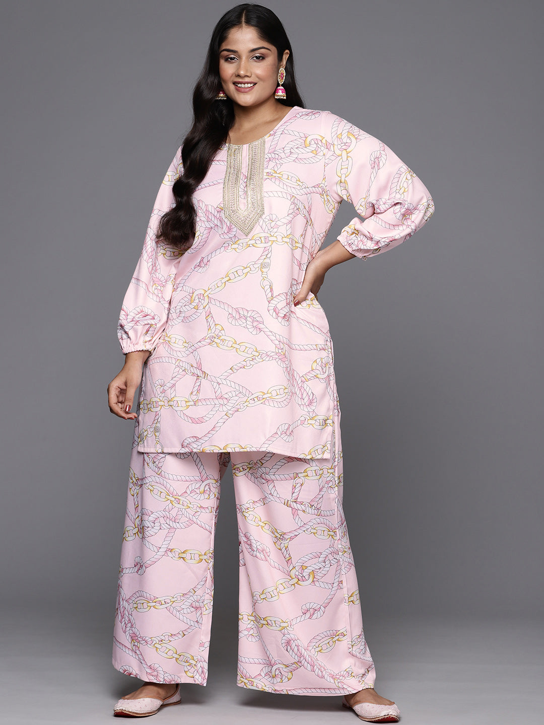 Pink Printed Plus Size Kurti with Palazzos