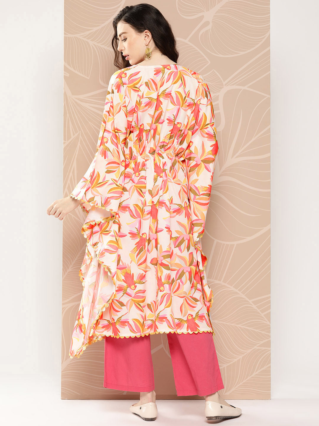 Off White & Orange Floral Printed Gotta Patti Kaftan Kurta