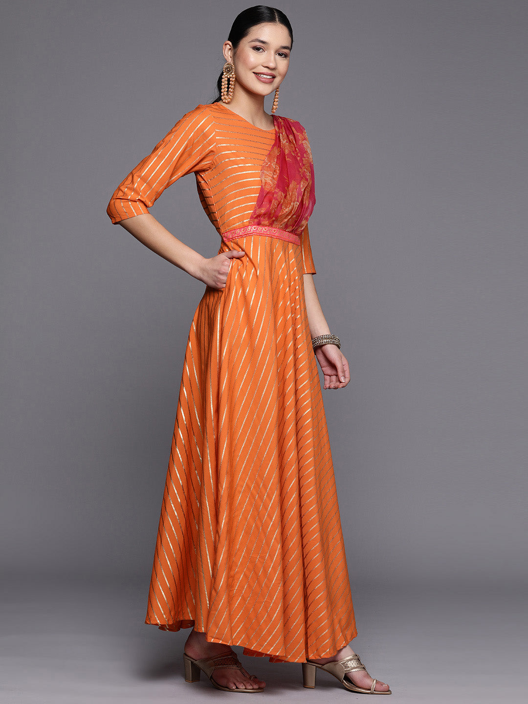 Orange Crepe Gold Print Dress