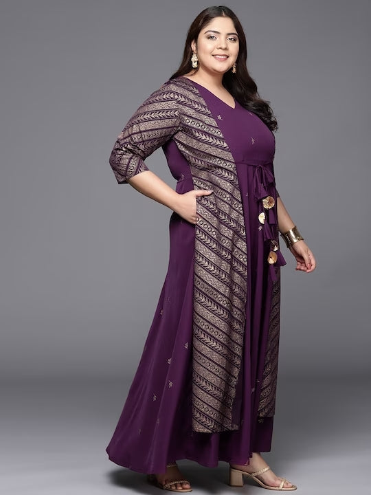 Burgandy & Gold Printed Plus Size Maxi Ethnic Dress