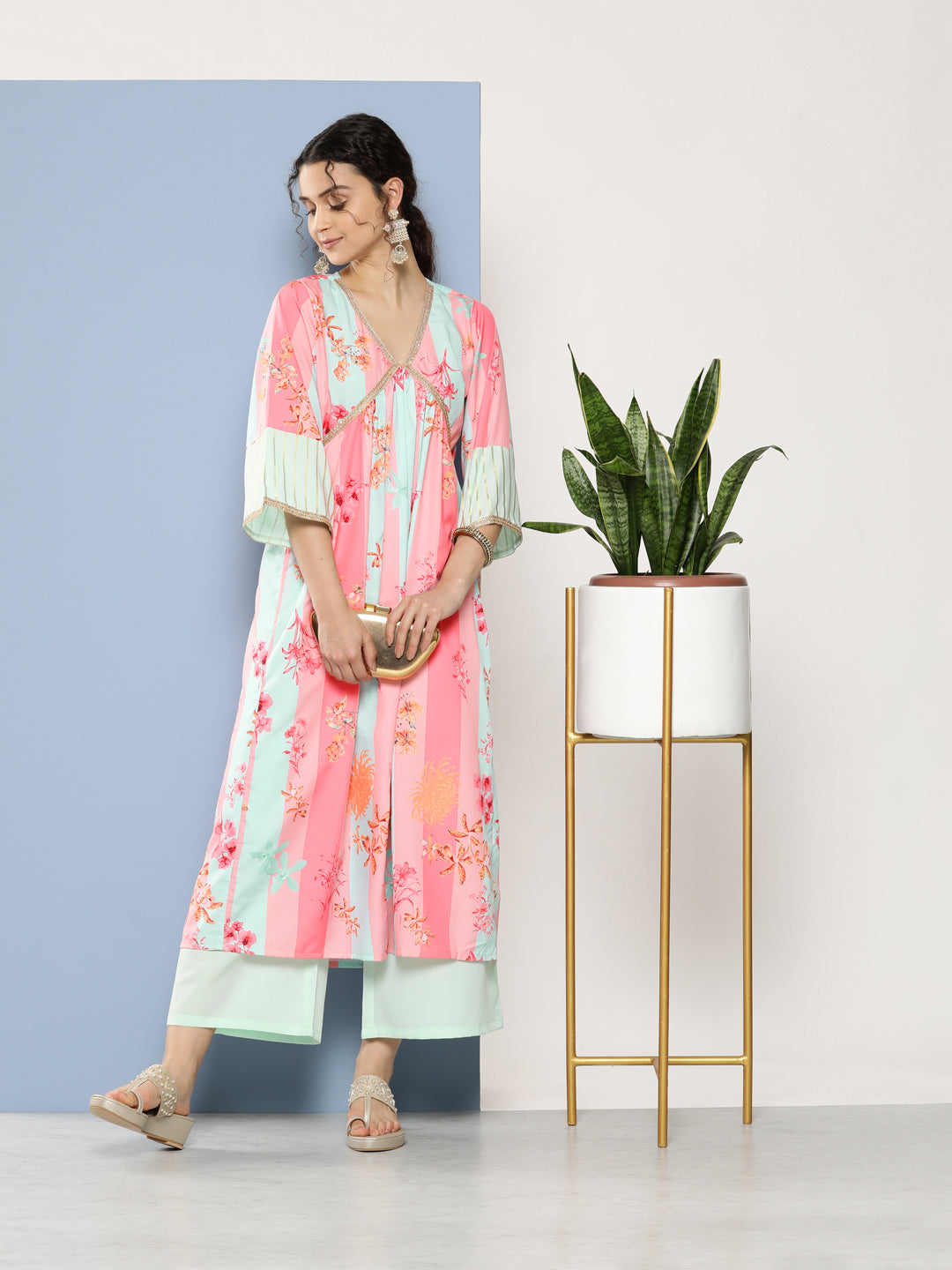 Pink & Blue Floral Printed Pleated Gotta Patti Kurta With Palazzos