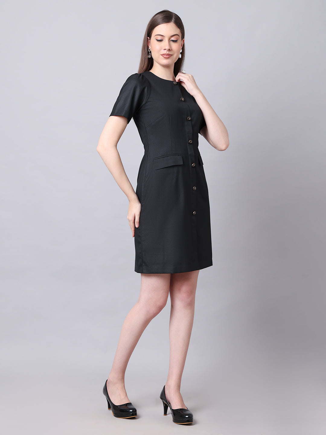 Exude Chic Revolution Suiting Fabric Front Button Shift Dress