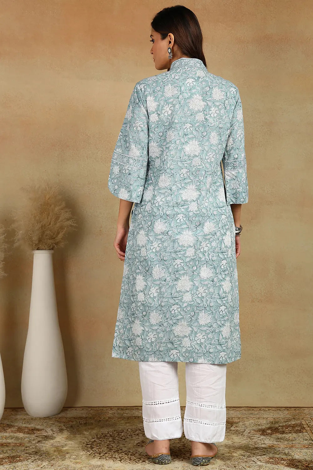 Grey/White Straight Bagru Kurta