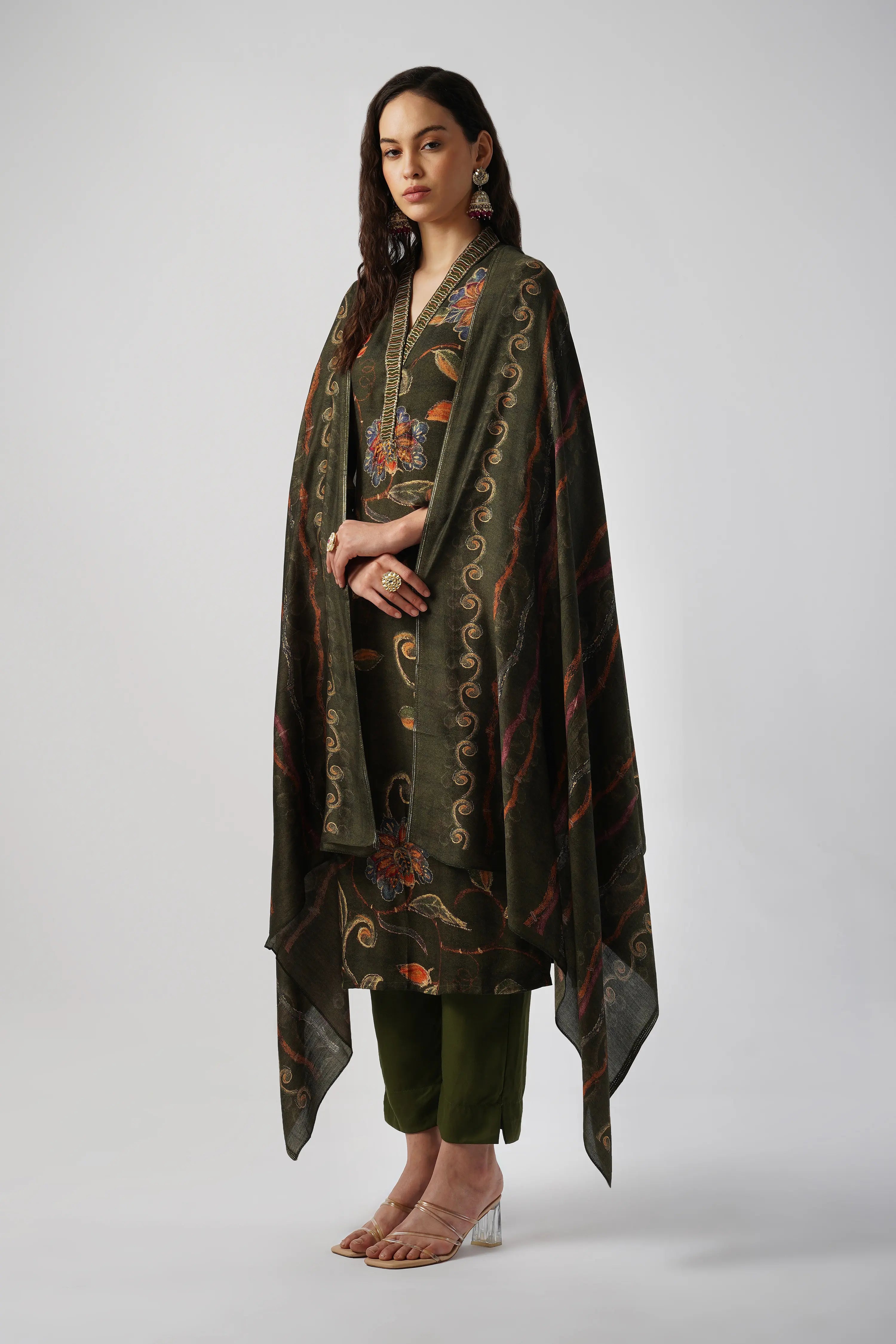 Forest Green Pure Pashmina Wool Designer Kurta Set with Embroidery