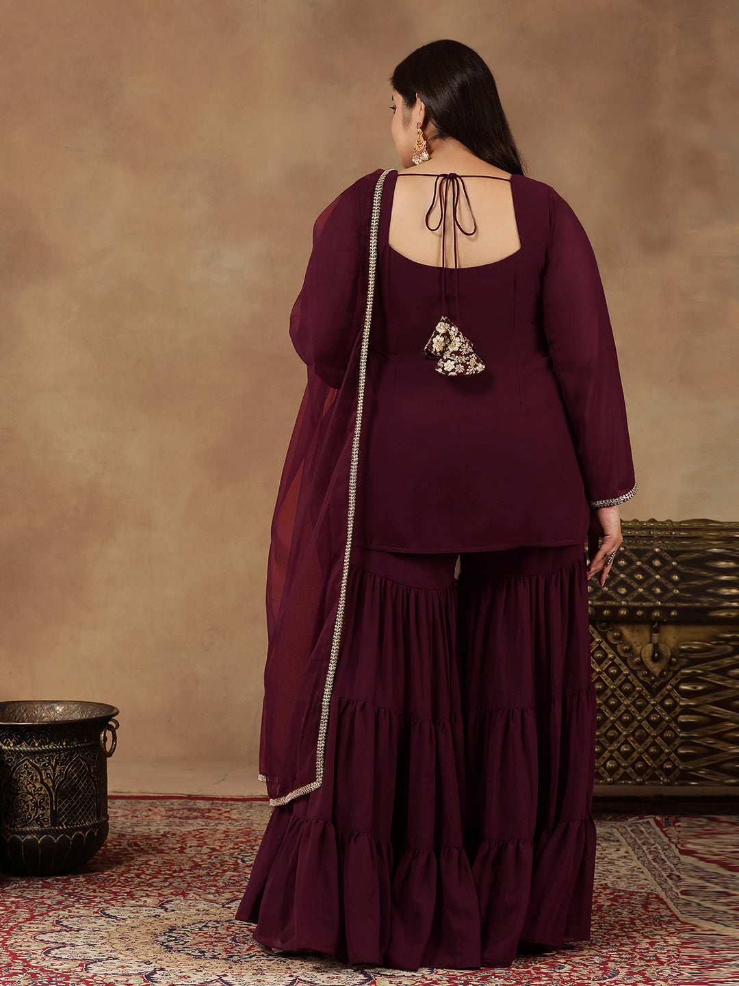 Floral Embroidered Regular Sequinned Straight Kurti with Sharara & Dupatta - ID