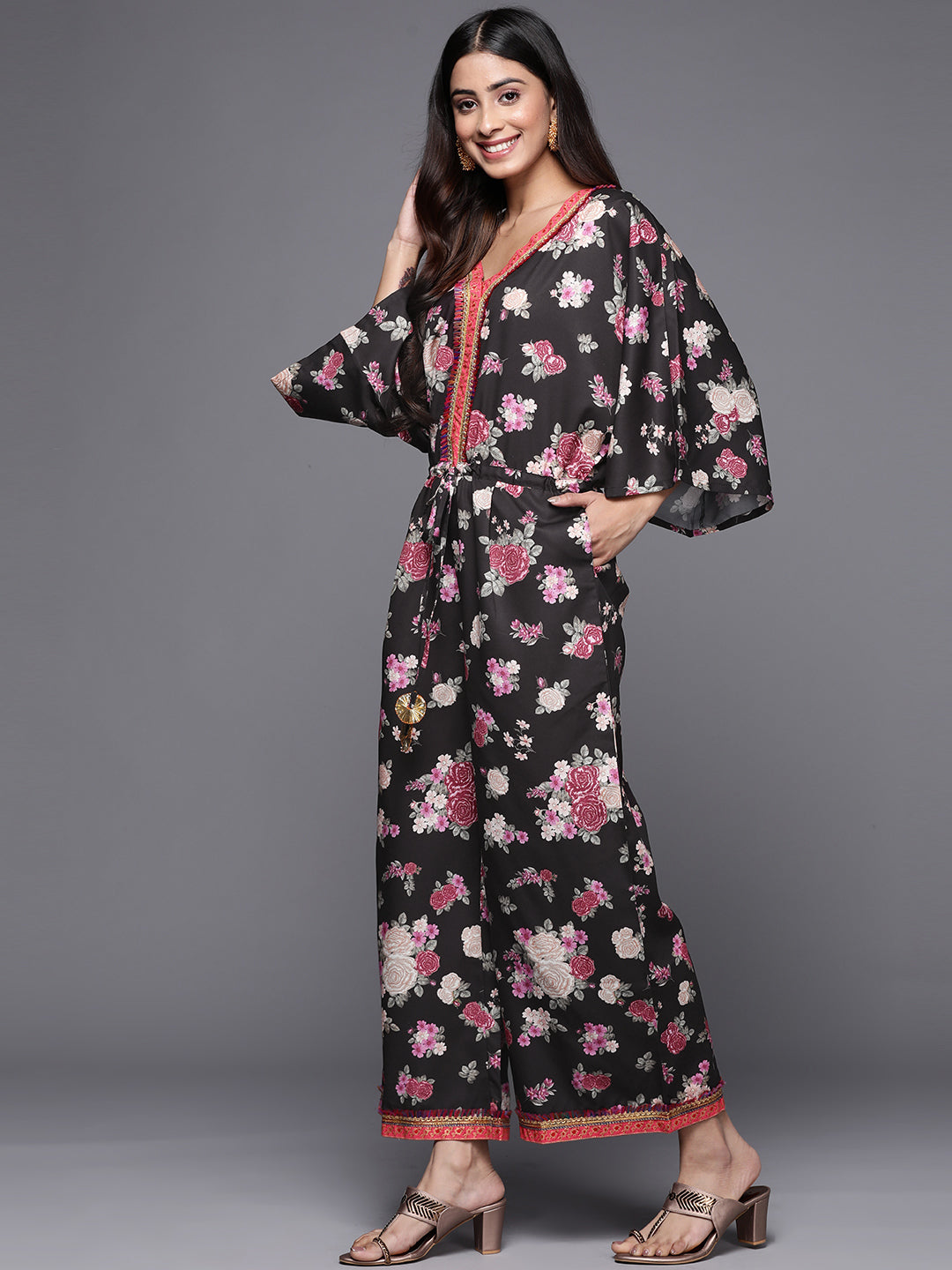 Black Floral Printed Jumpsuit With Lace Inserts