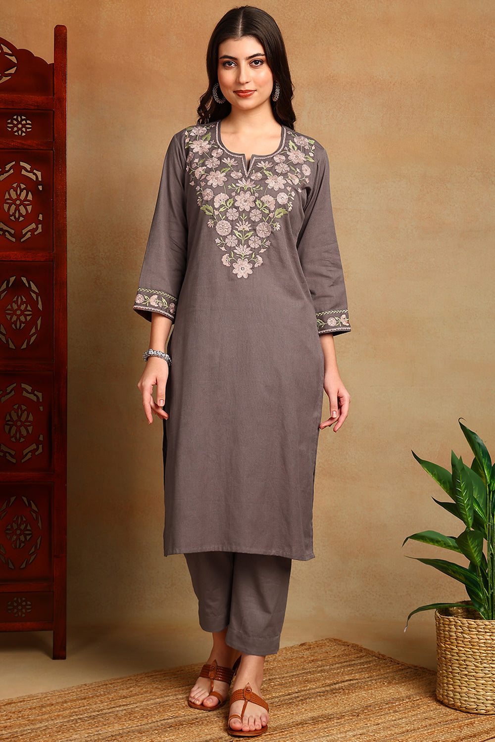 Brown Embroidered Flax Linen Kurta