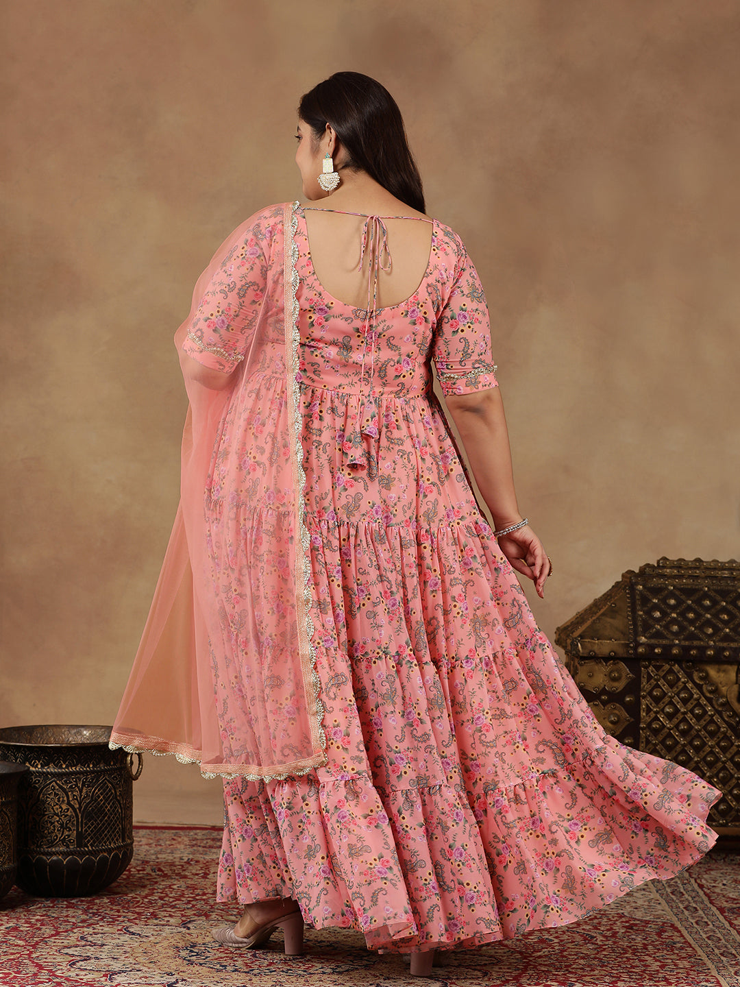 Plus Size Floral Printed Tiered Flared Kurta With Dupatta - ID