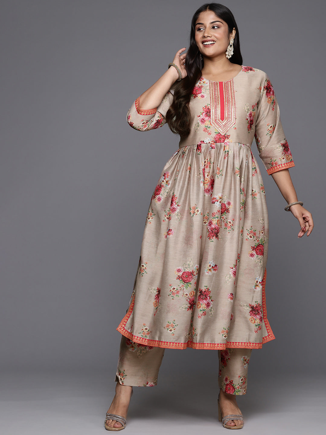 Tan Floral Printed Plus Size Kurta with Trousers