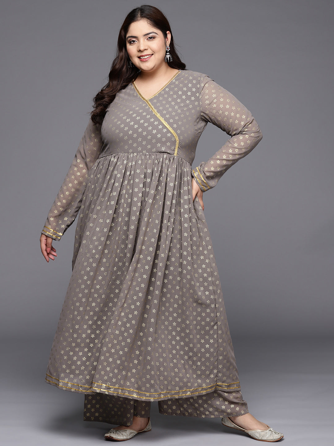 Grey Printed Plus Size Angrakha Kurta with Palazzos