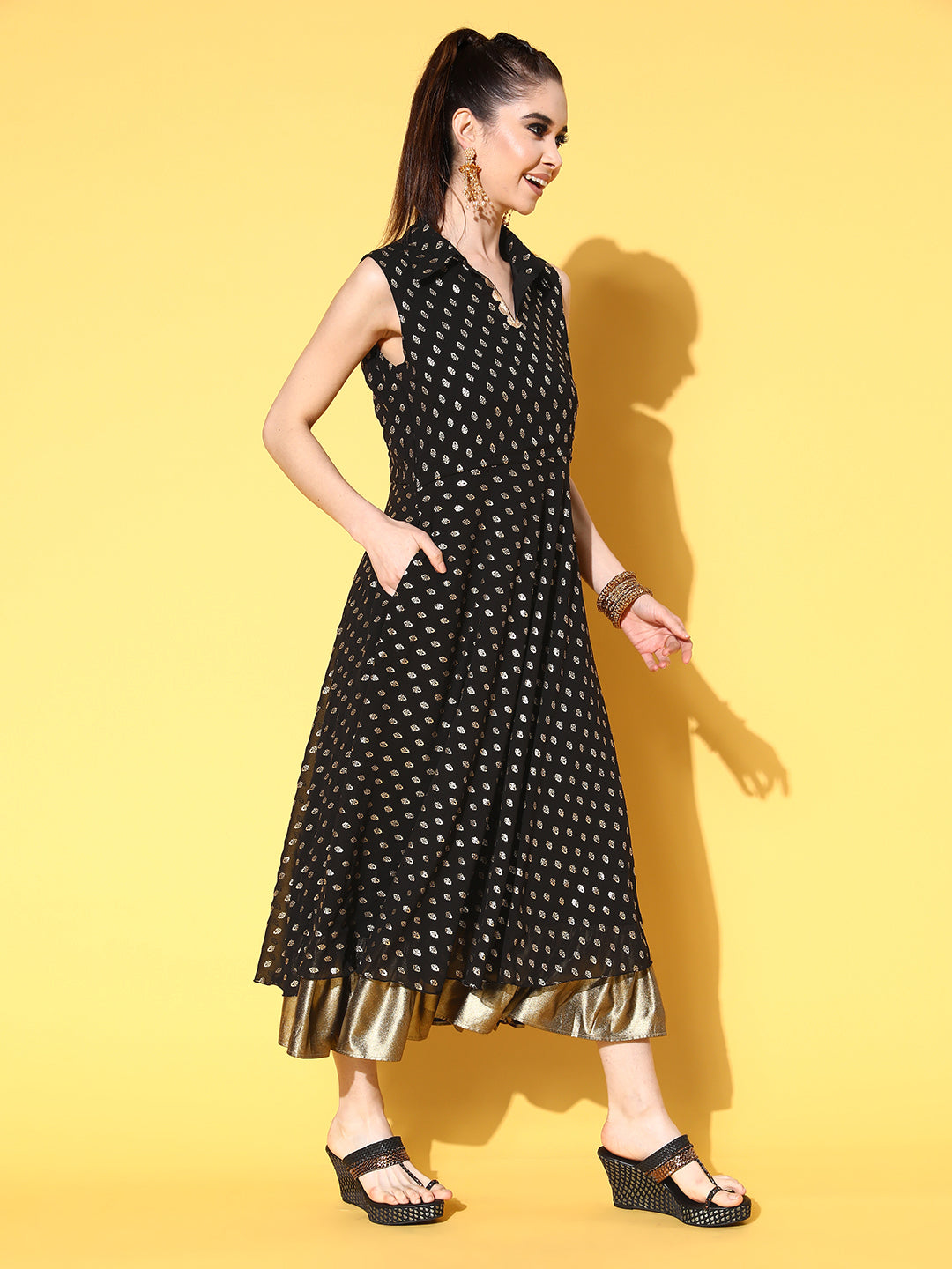 Black Georgette Golden Printed Midi Fit & Flare Ethnic Dress