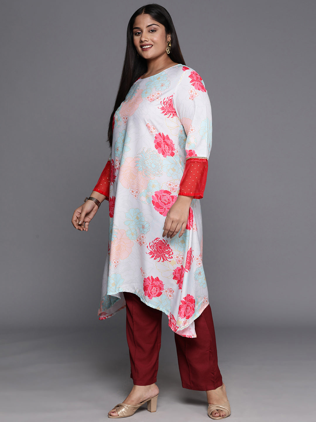 Sea Green & Red Plus Size Floral Printed Kurta