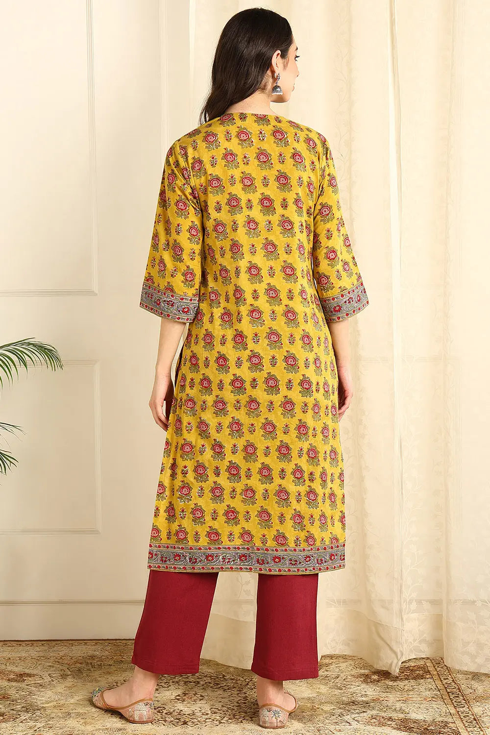 Mustard Yellow Straight Sanganeri Kurta