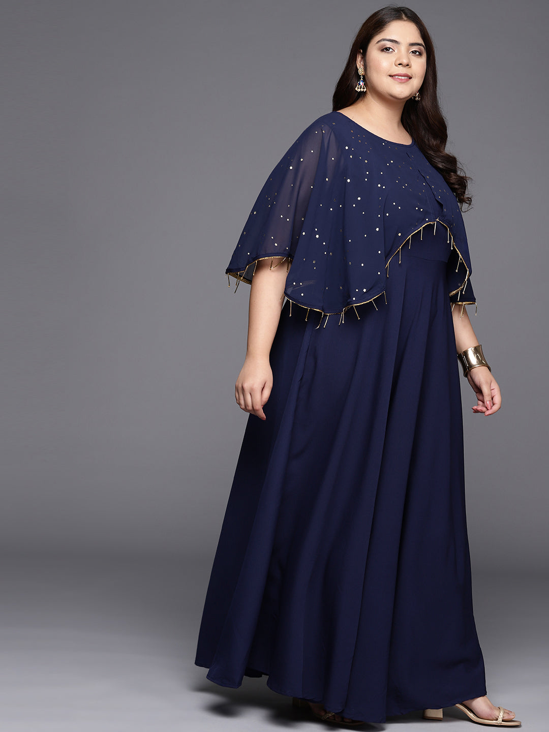 Navy Blue Plus Size Round neck Maxi Ethnic Dress-AH