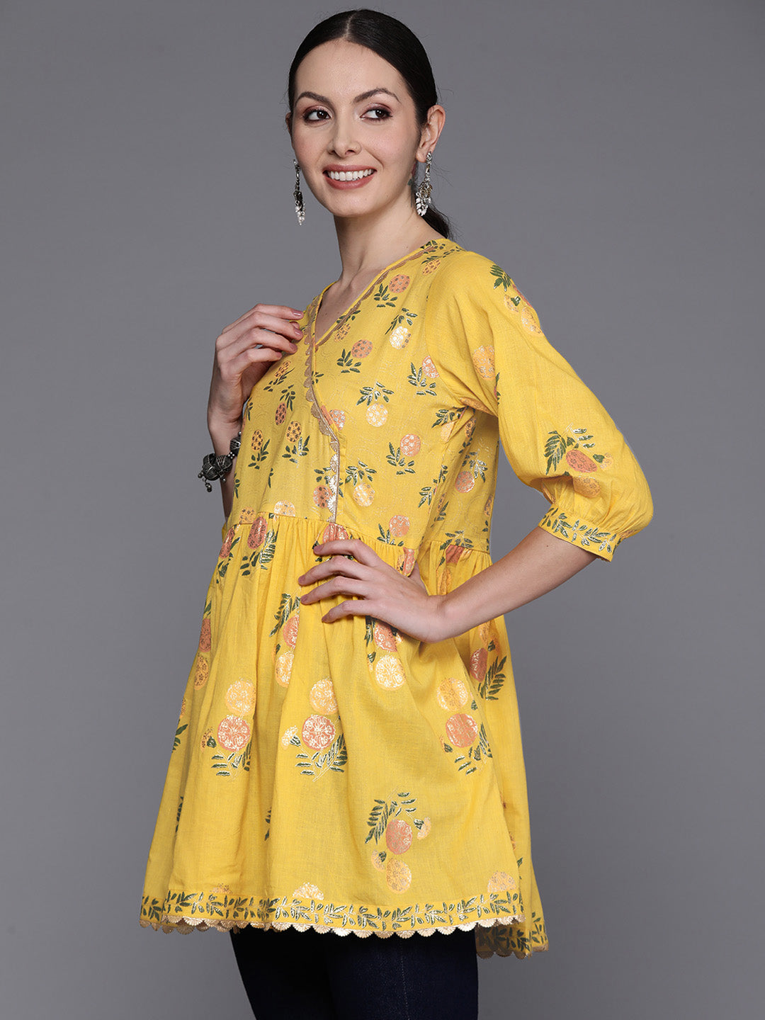 Mustard Yellow & Green Floral Printed Embellished Pure Cotton Tunic