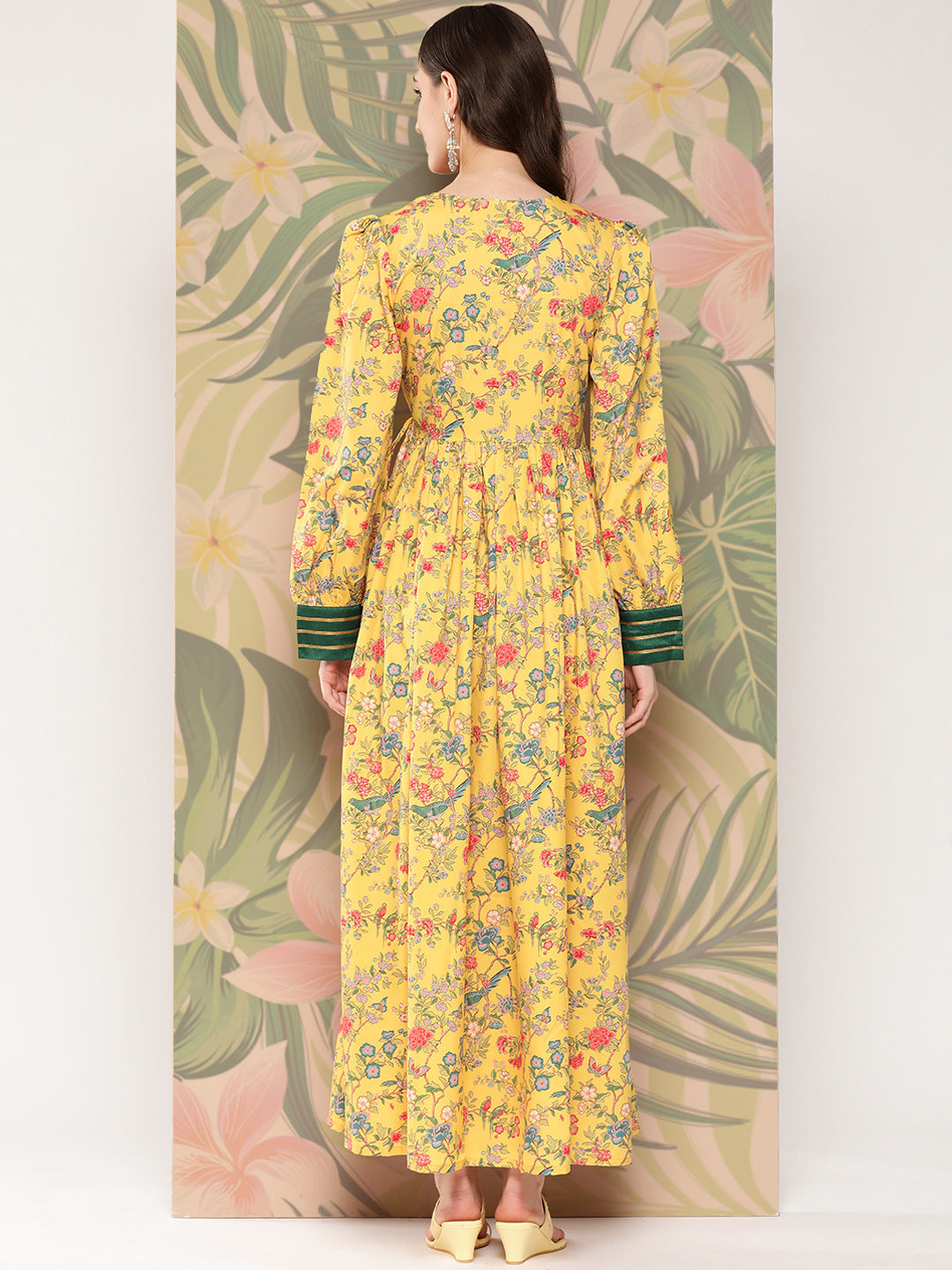 Yellow Floral Printed Tie-Ups Empire Ethnic Dress