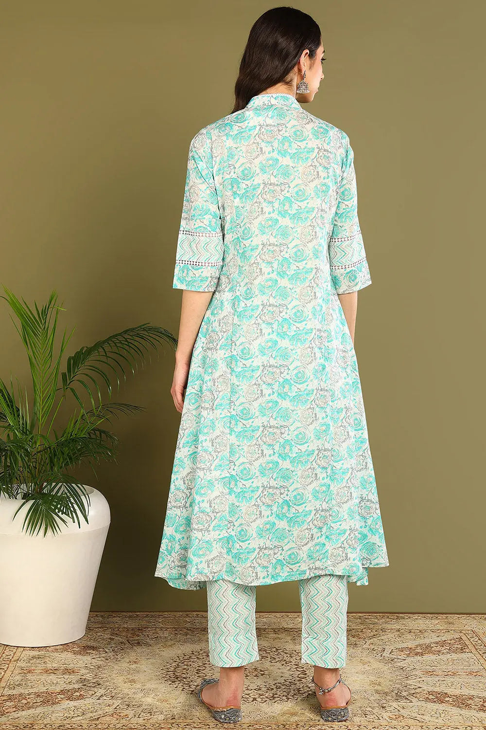 Green Printed 'A' Line Sanganeri Kurta