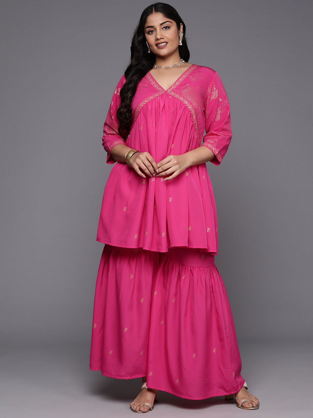 Pink & Gold Plus Size Printed Ethnic Co-Ords