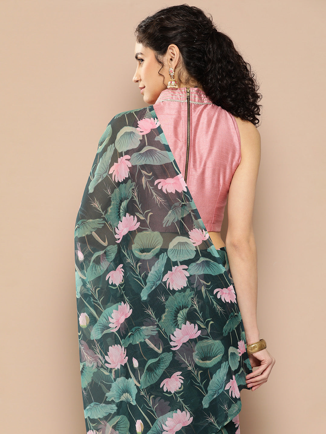 Teal & Pink Floral Print Poly Chiffon Saree