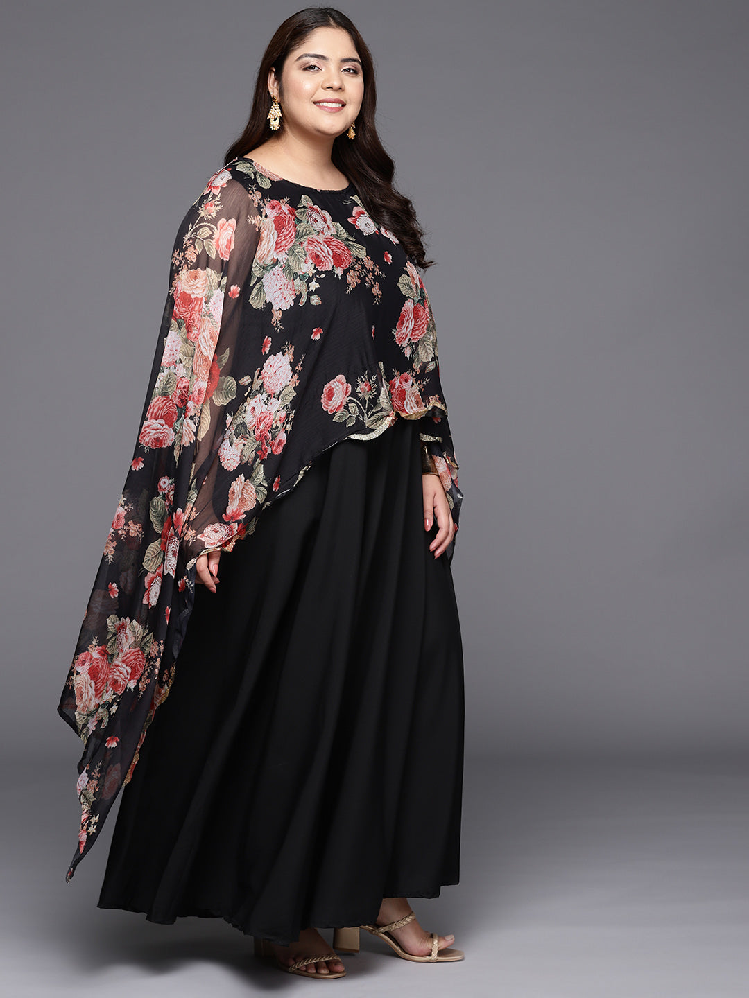 Black & Pink Plus Size Maxi Ethnic Dress with Cape