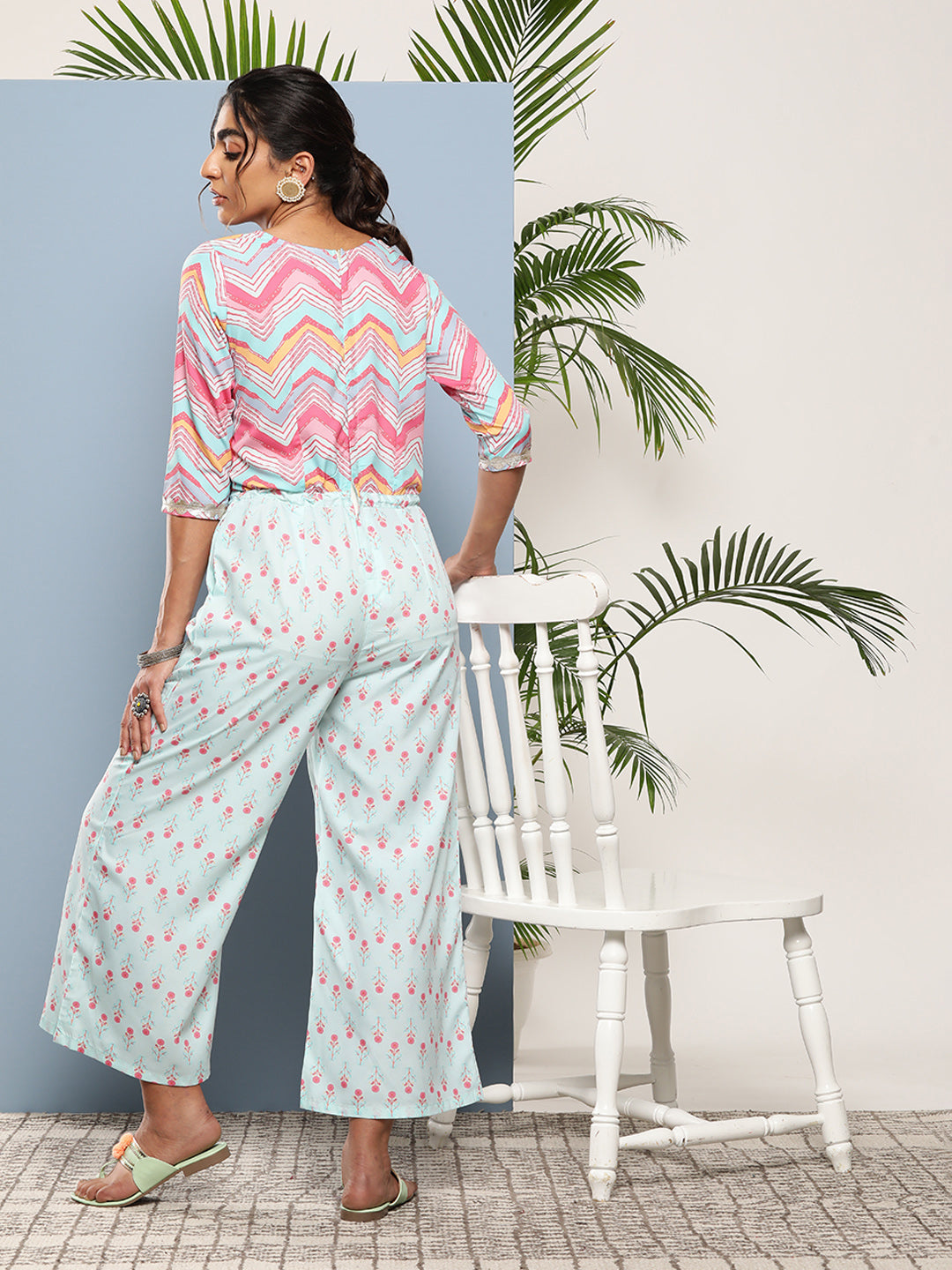 Pink & Blue Printed Waist Tie-Ups Jumpsuit