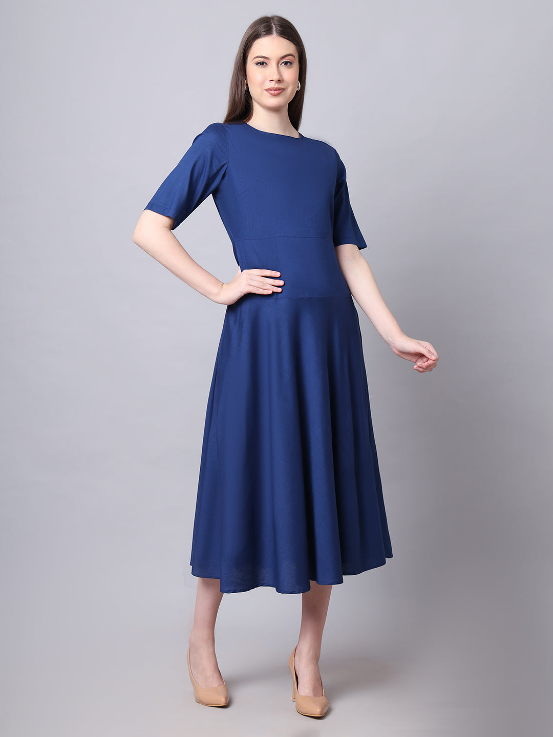 Exude Resilient Radiance Midi Flare Dress with Sleeves