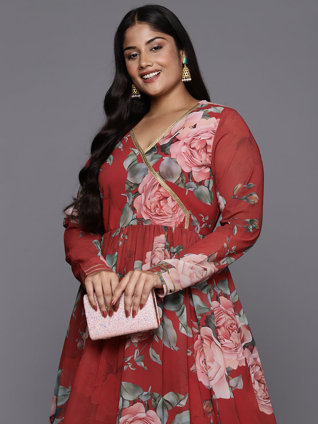 Red Floral Printed Plus Size Angrakha Kurta with Palazzos