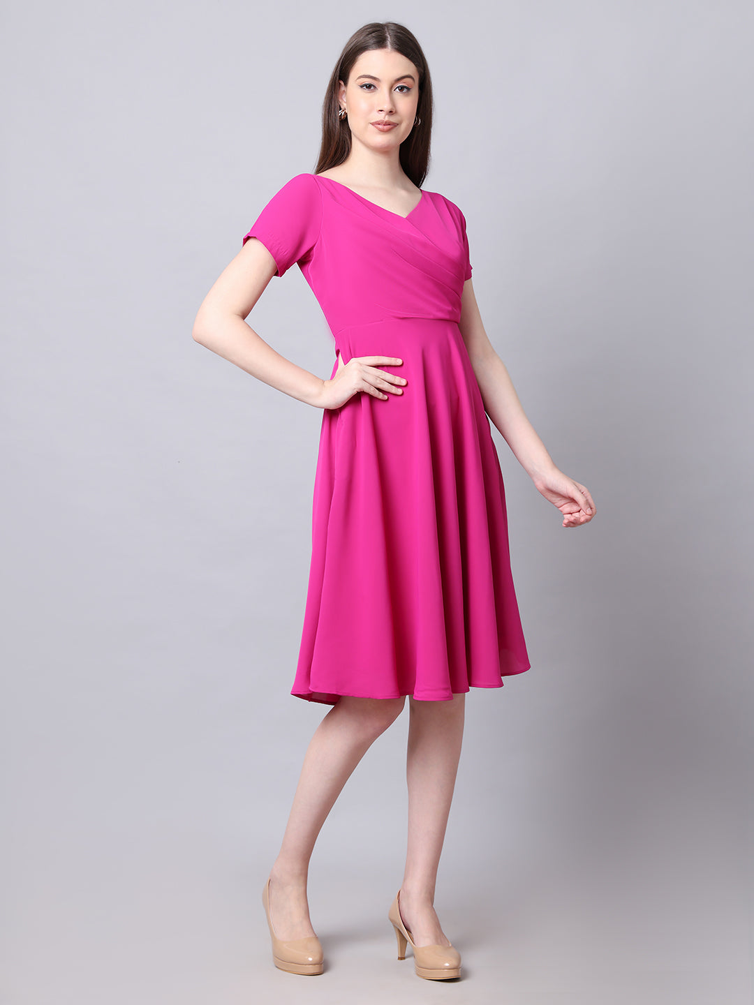 Exude Intrepid V-Neck Front Pleat Dress with Pockets